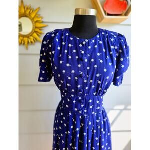 90s Blue Floral Cottagecore Daisy Print Button Front Dress – Midi Karin Stevens